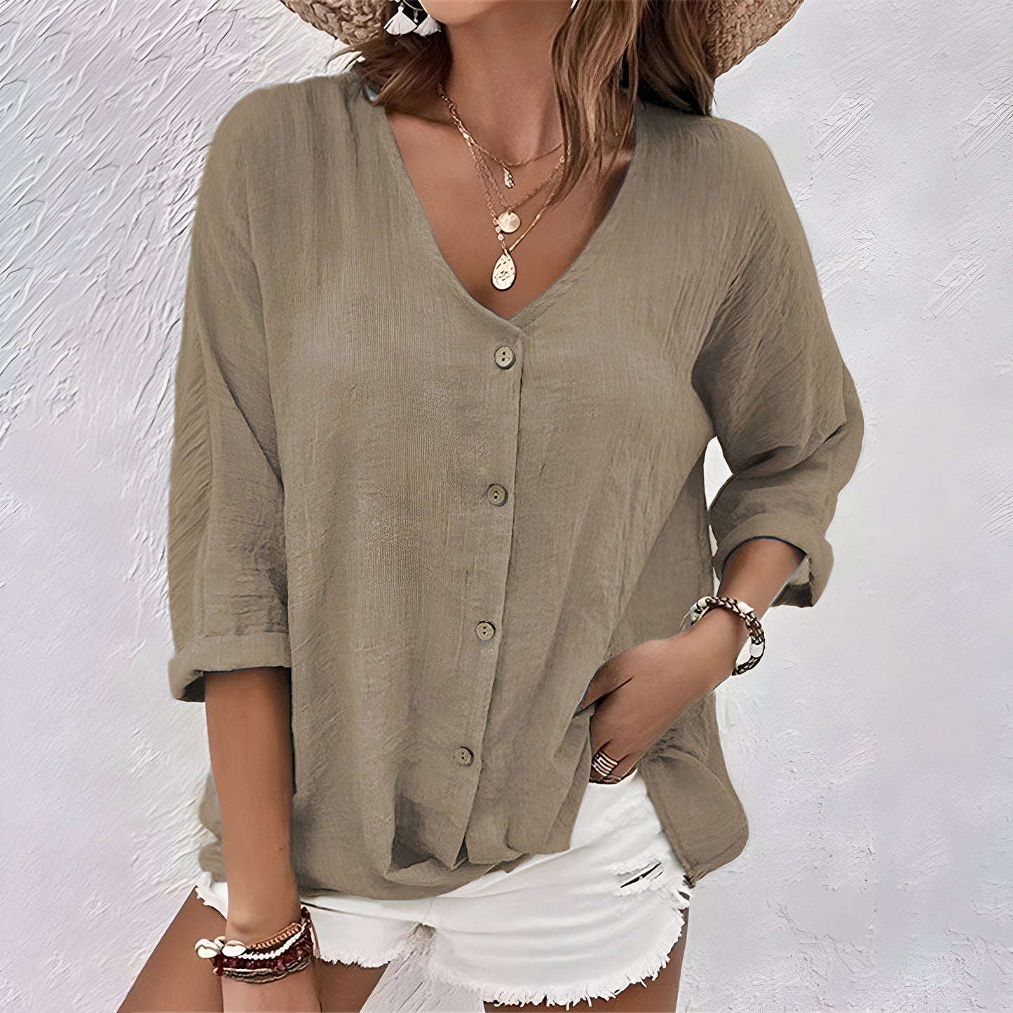 Relaxed-Fit V-Neck Shirt with Button Front 7