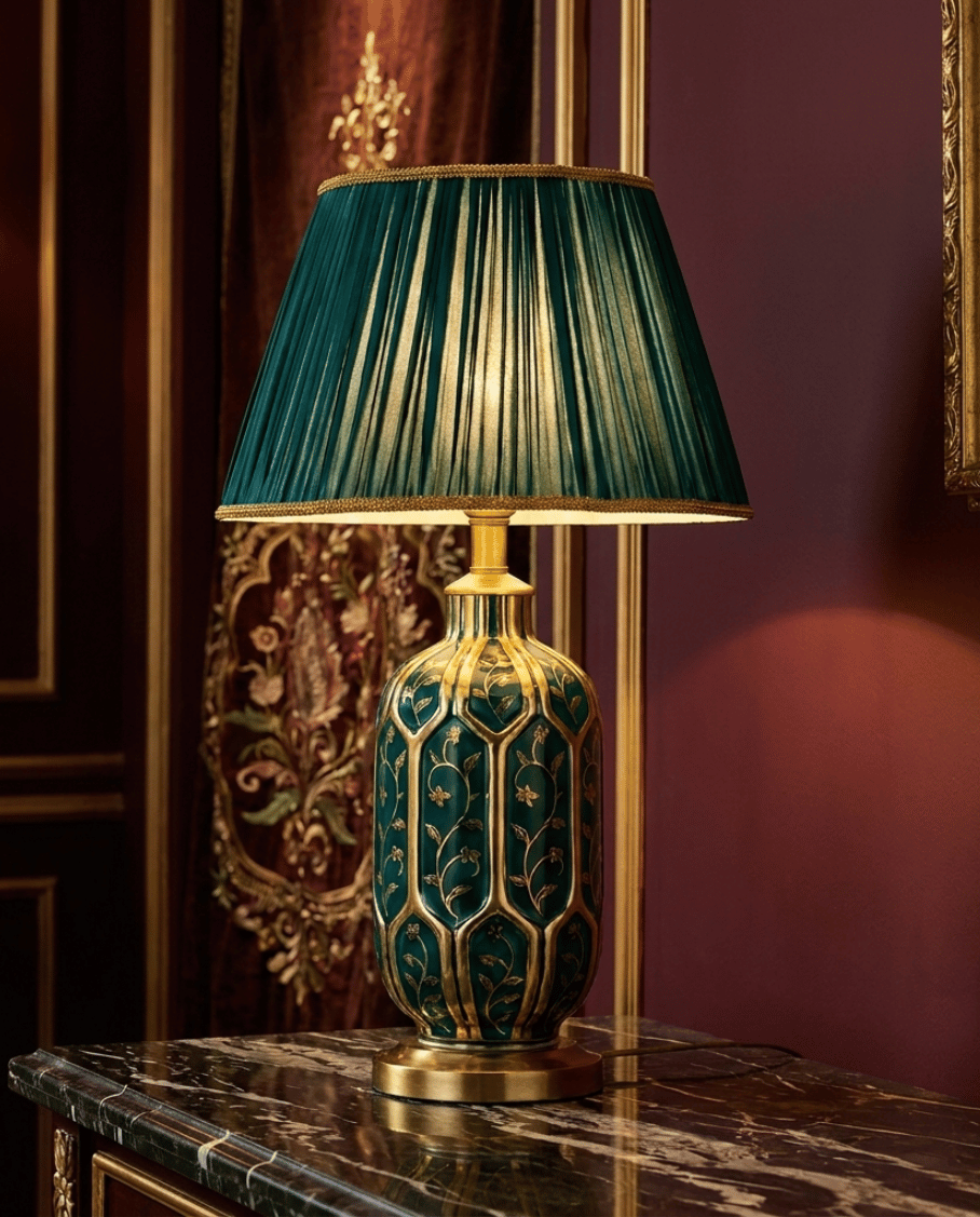 Green Ceramic Table Lamp — Pleated Fabric Shade