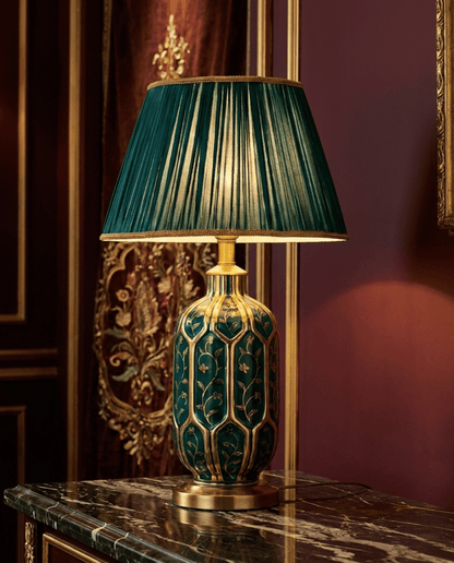 Green Ceramic Table Lamp — Pleated Fabric Shade