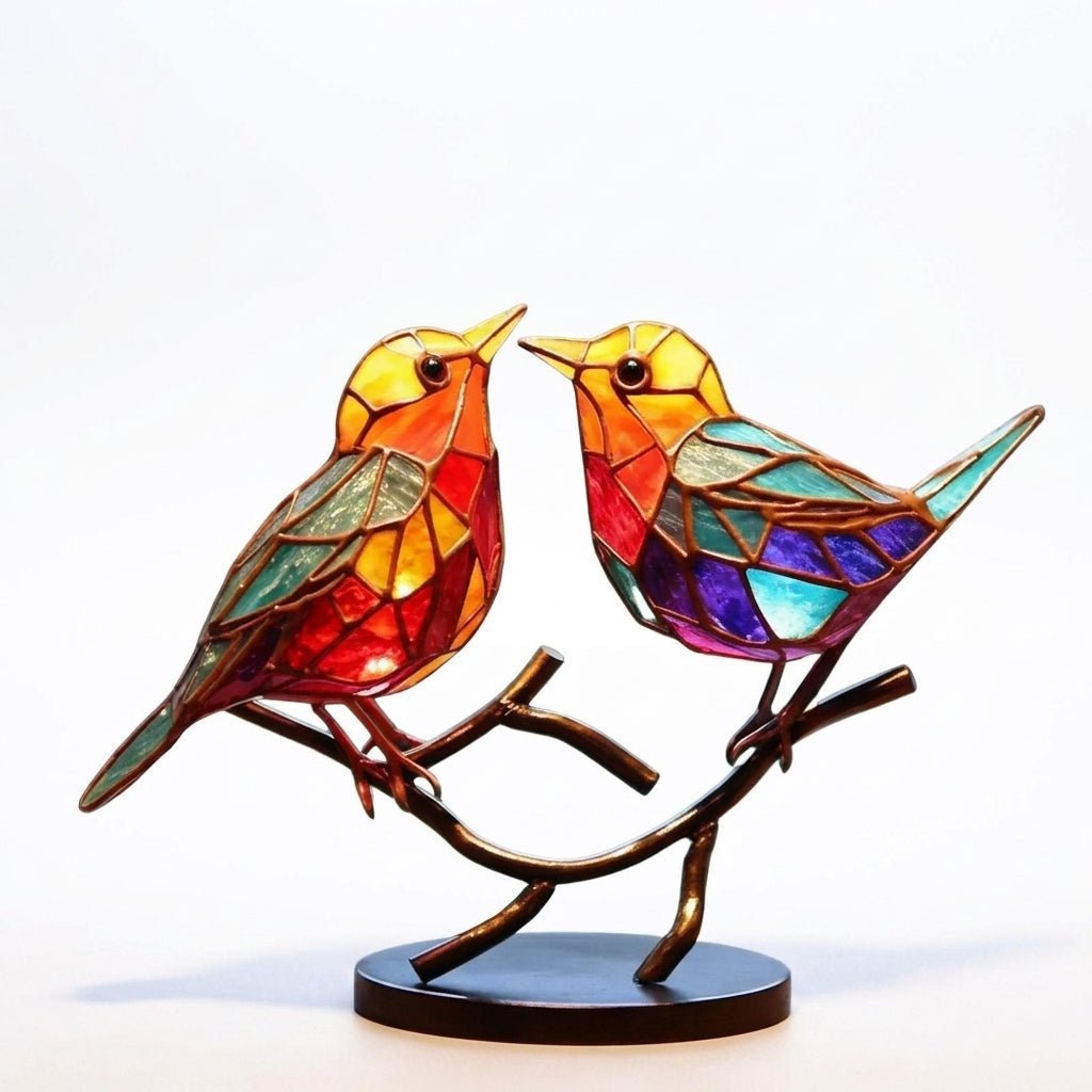 Glass Birds on Branch Desk Ornament — Colorful Decor