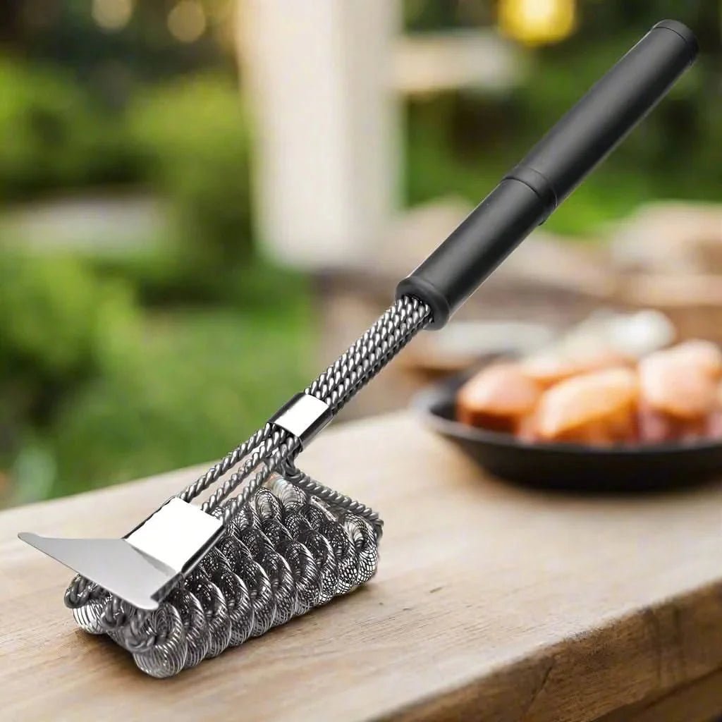 Bristle-Free Stainless Steel BBQ Brush with Wide Scraper