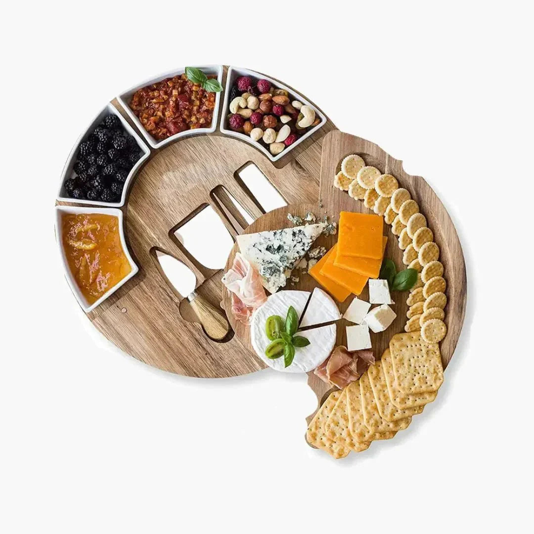 Acacia Wood Cheese Board — Set with Knives and Bowls 1