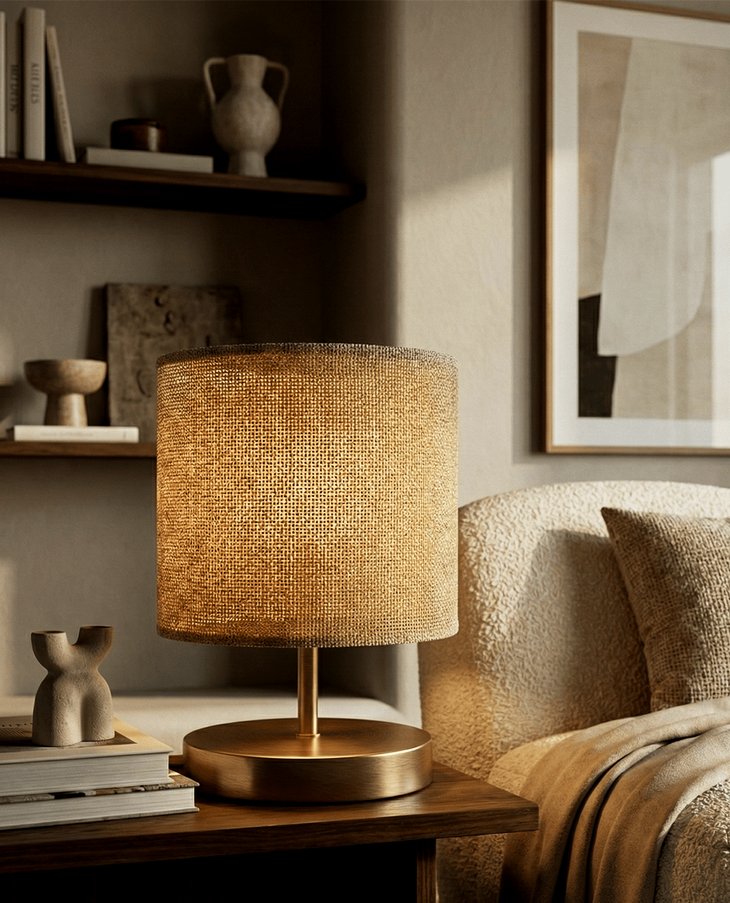 Brass Table Lamp — Natural Fabric Shade 3