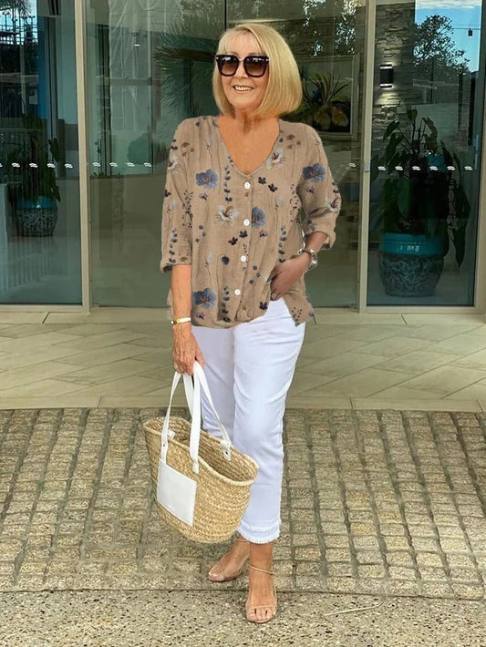 Floral V-Neck Blouse — Breezy Three-Quarter Sleeves 1