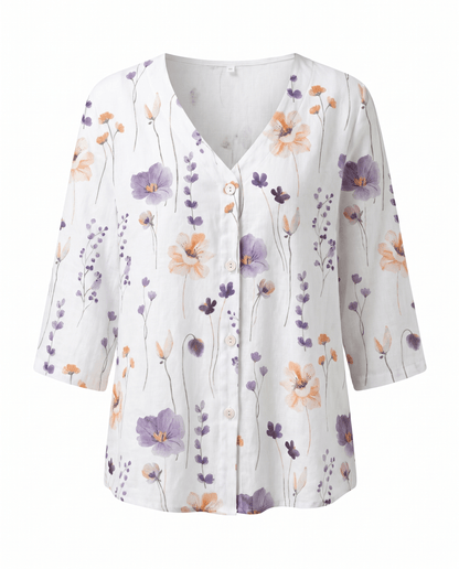 Floral V-Neck Blouse — Breezy Three-Quarter Sleeves 10