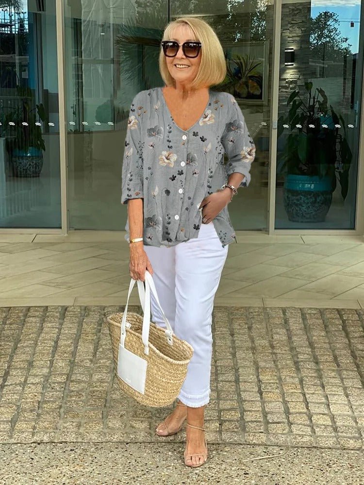 Floral V-Neck Blouse — Breezy Three-Quarter Sleeves 11