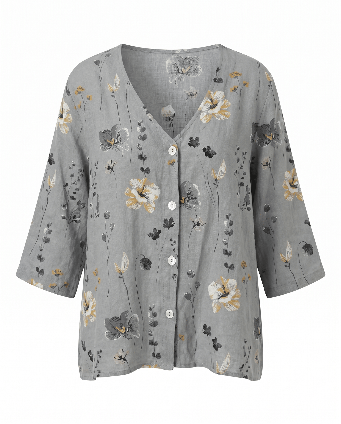 Floral V-Neck Blouse — Breezy Three-Quarter Sleeves 12