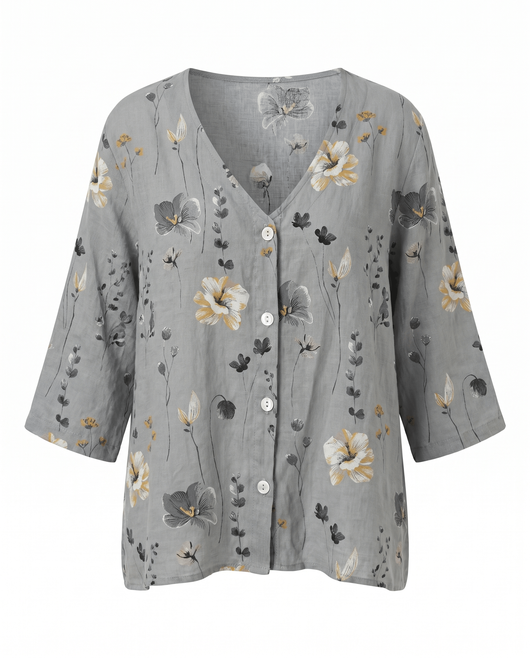 Floral V-Neck Blouse — Breezy Three-Quarter Sleeves 12
