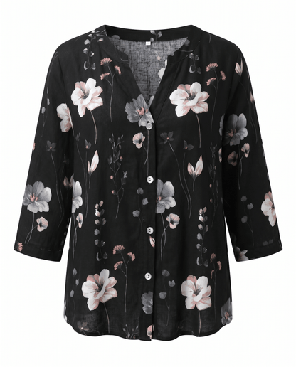 Floral V-Neck Blouse — Breezy Three-Quarter Sleeves 14