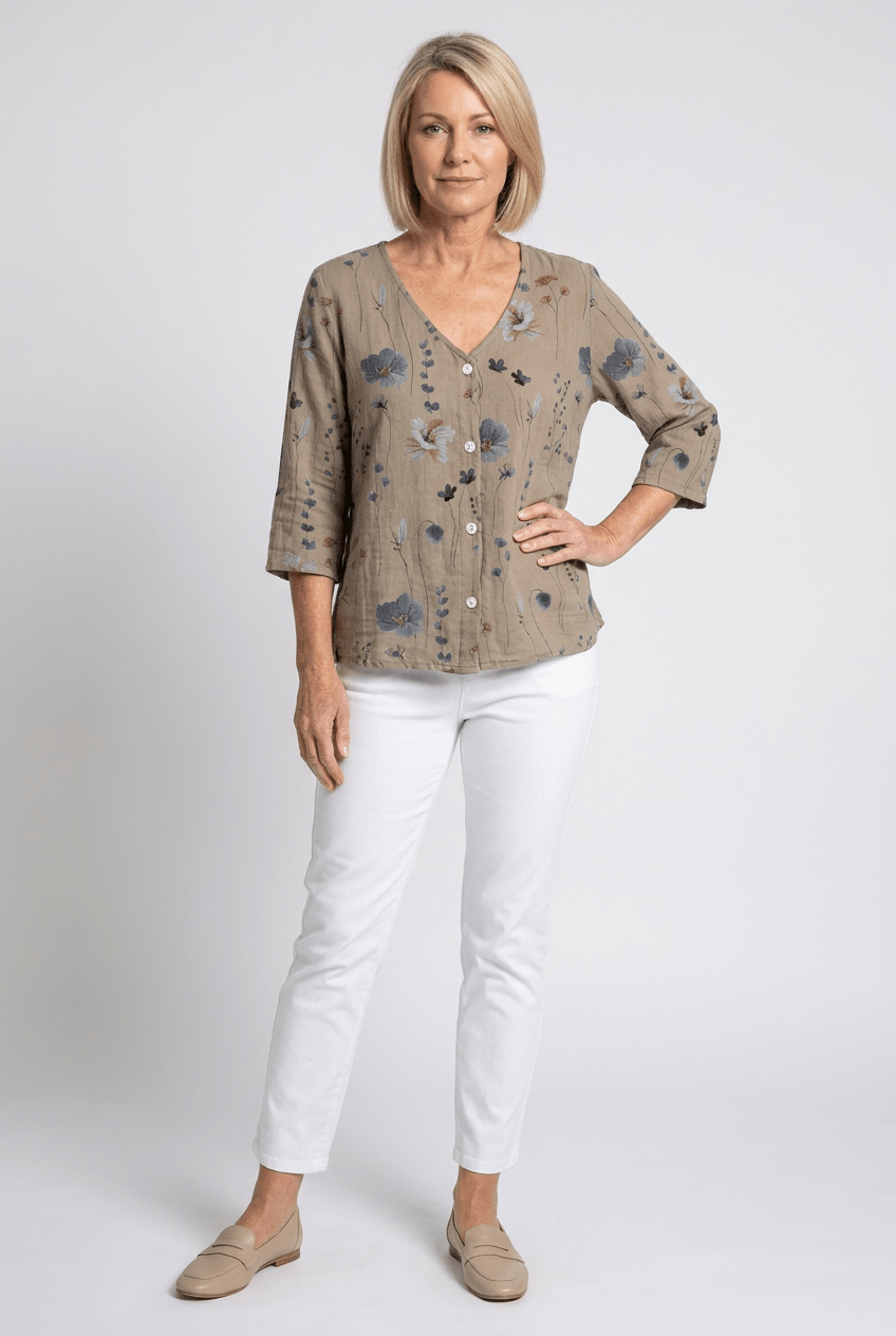 Floral V-Neck Blouse — Breezy Three-Quarter Sleeves 2