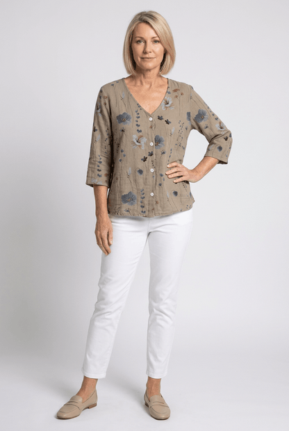 Floral V-Neck Blouse — Breezy Three-Quarter Sleeves 2