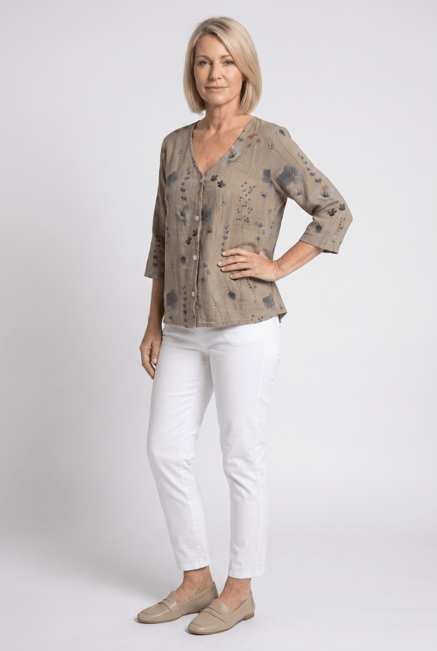 Floral V-Neck Blouse — Breezy Three-Quarter Sleeves 3