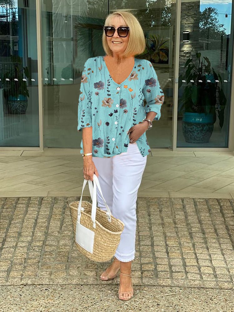 Floral V-Neck Blouse — Breezy Three-Quarter Sleeves 7