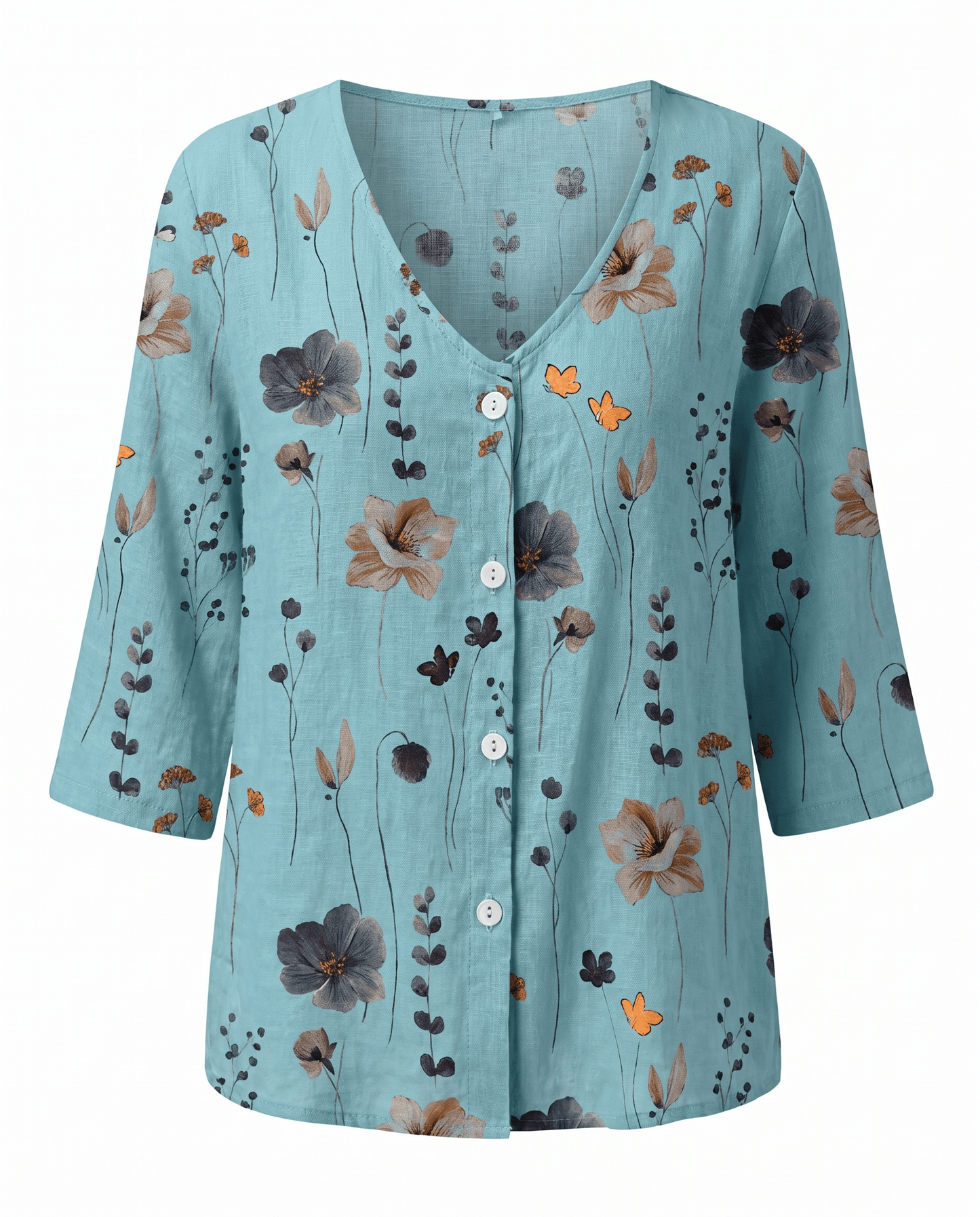 Floral V-Neck Blouse — Breezy Three-Quarter Sleeves 8