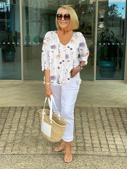 Floral V-Neck Blouse — Breezy Three-Quarter Sleeves 9