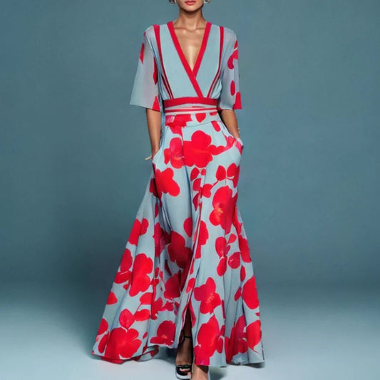 Floral Wrap Maxi Dress — V-Neck with Side Pockets 1