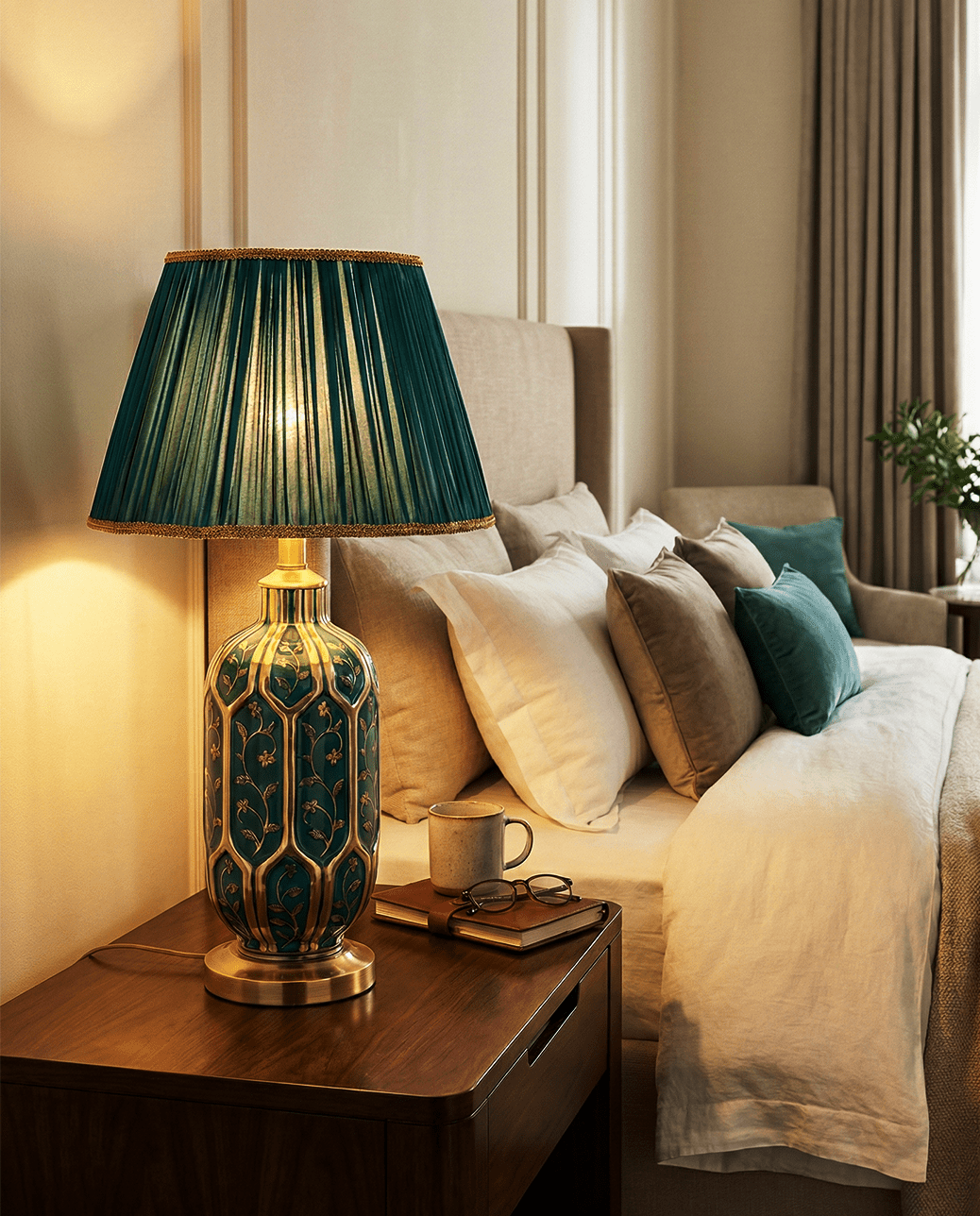 Green Ceramic Table Lamp — Pleated Fabric Shade 2