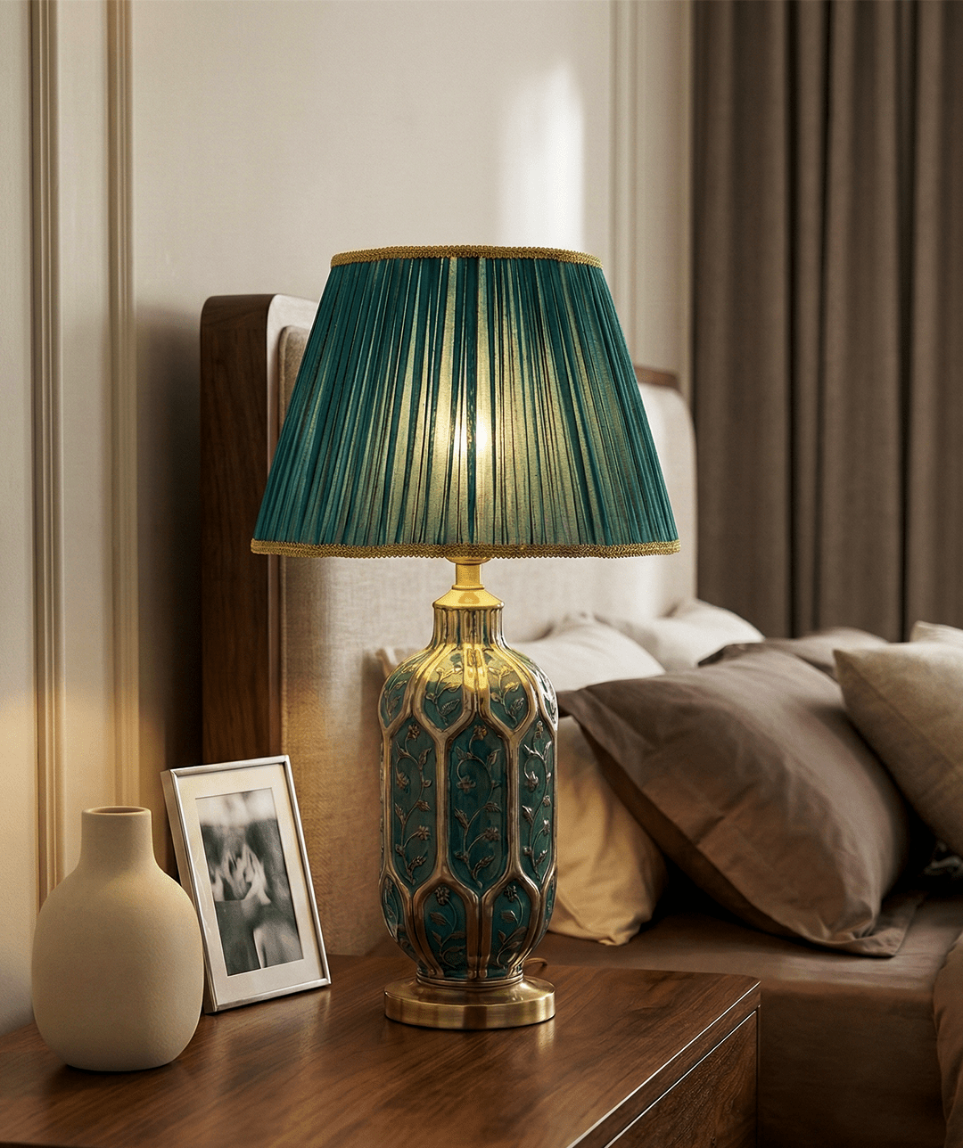Green Ceramic Table Lamp — Pleated Fabric Shade 3