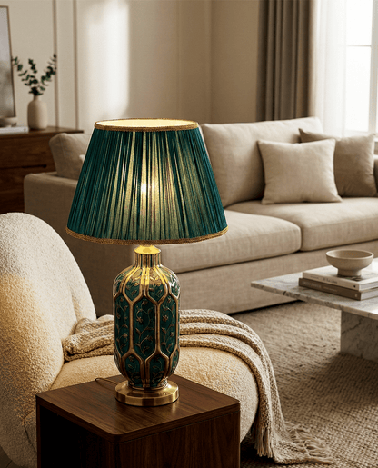 Green Ceramic Table Lamp — Pleated Fabric Shade 4