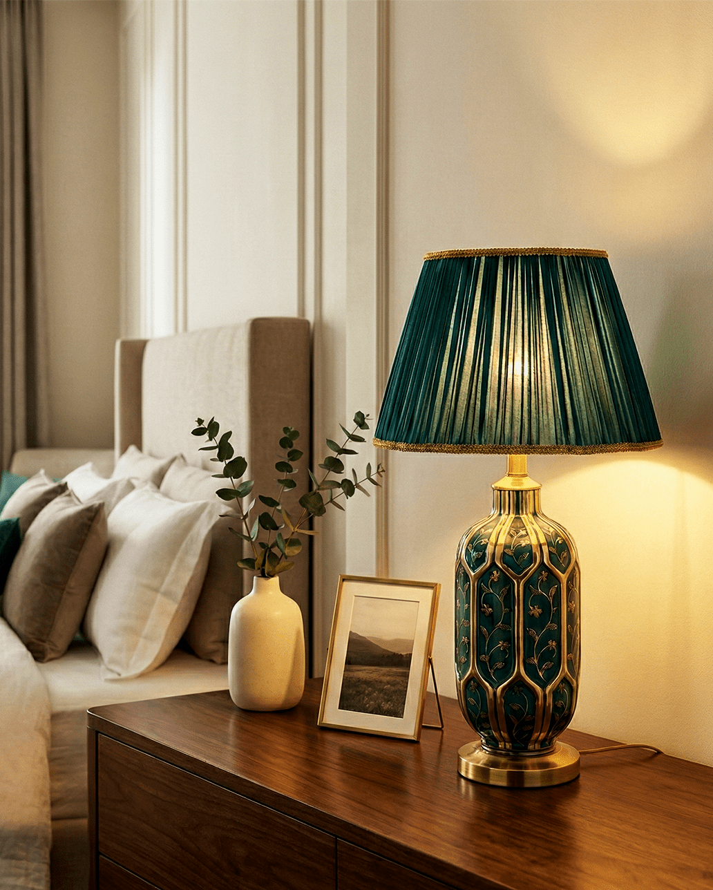 Green Ceramic Table Lamp — Pleated Fabric Shade 5