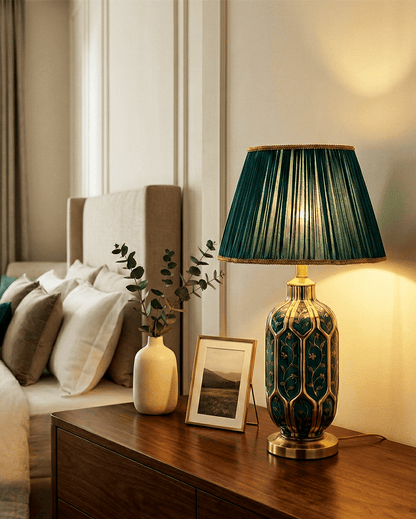 Green Ceramic Table Lamp — Pleated Fabric Shade 5