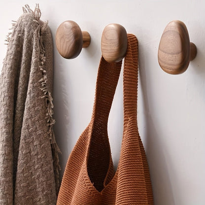 Natural Wood Wall Hooks — Organic Pebble Design Set of 4 2