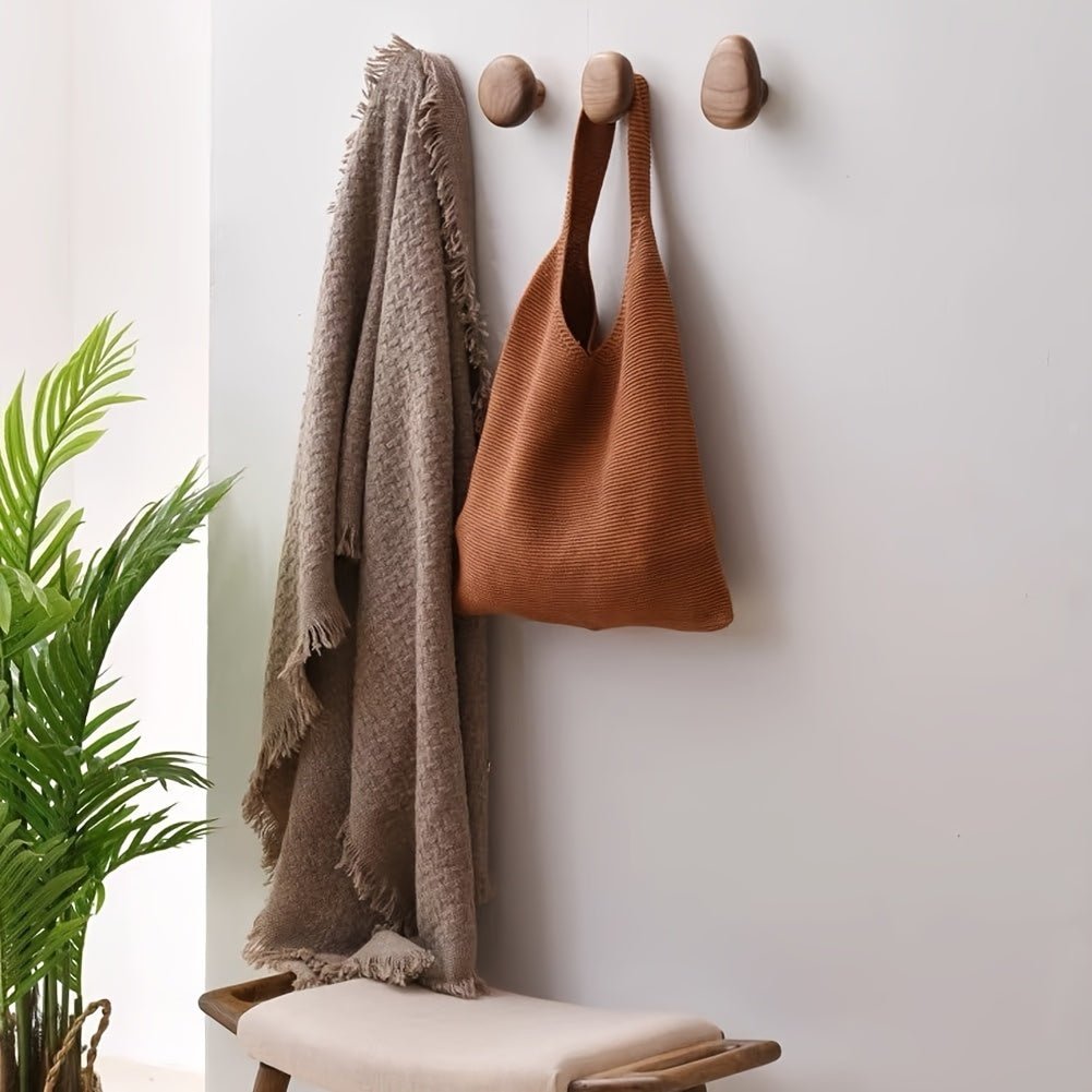 Natural Wood Wall Hooks — Organic Pebble Design Set of 4 3