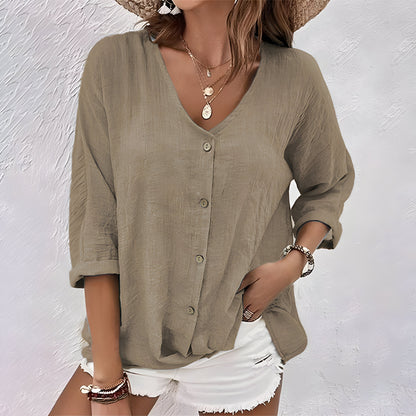 Relaxed-Fit V-Neck Shirt with Button Front 7