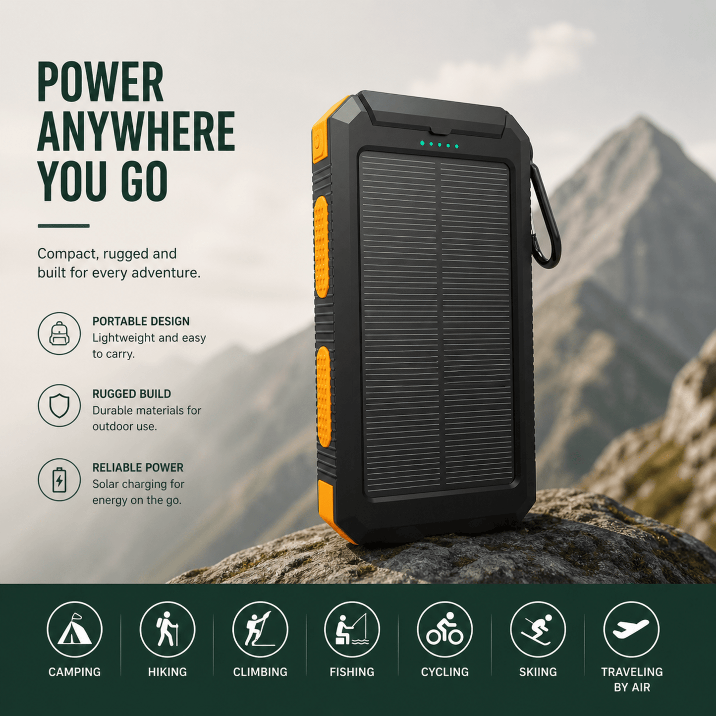 Solar Power Bank 20000mAh with LED Torch & Compass 2