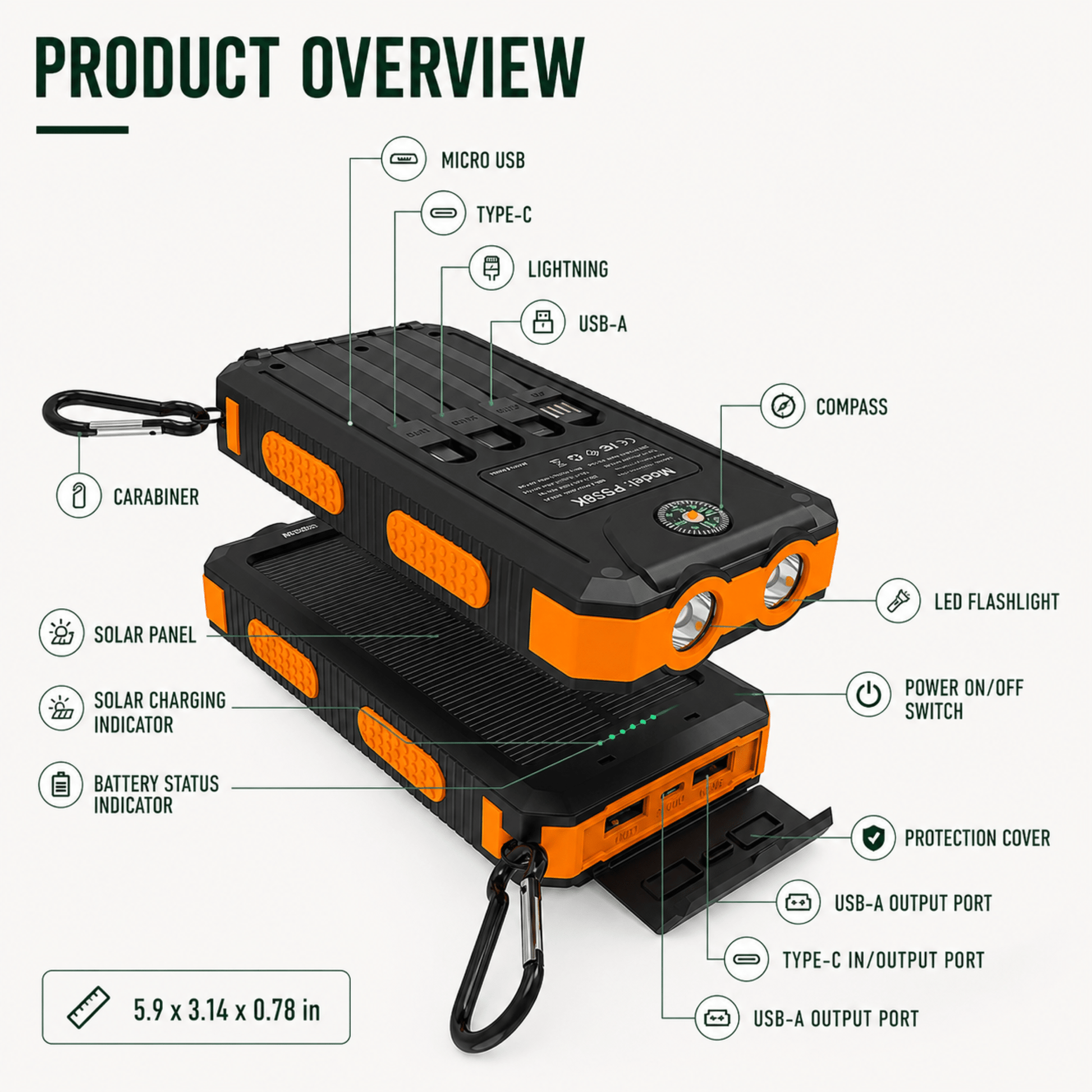 Solar Power Bank 20000mAh with LED Torch & Compass 8