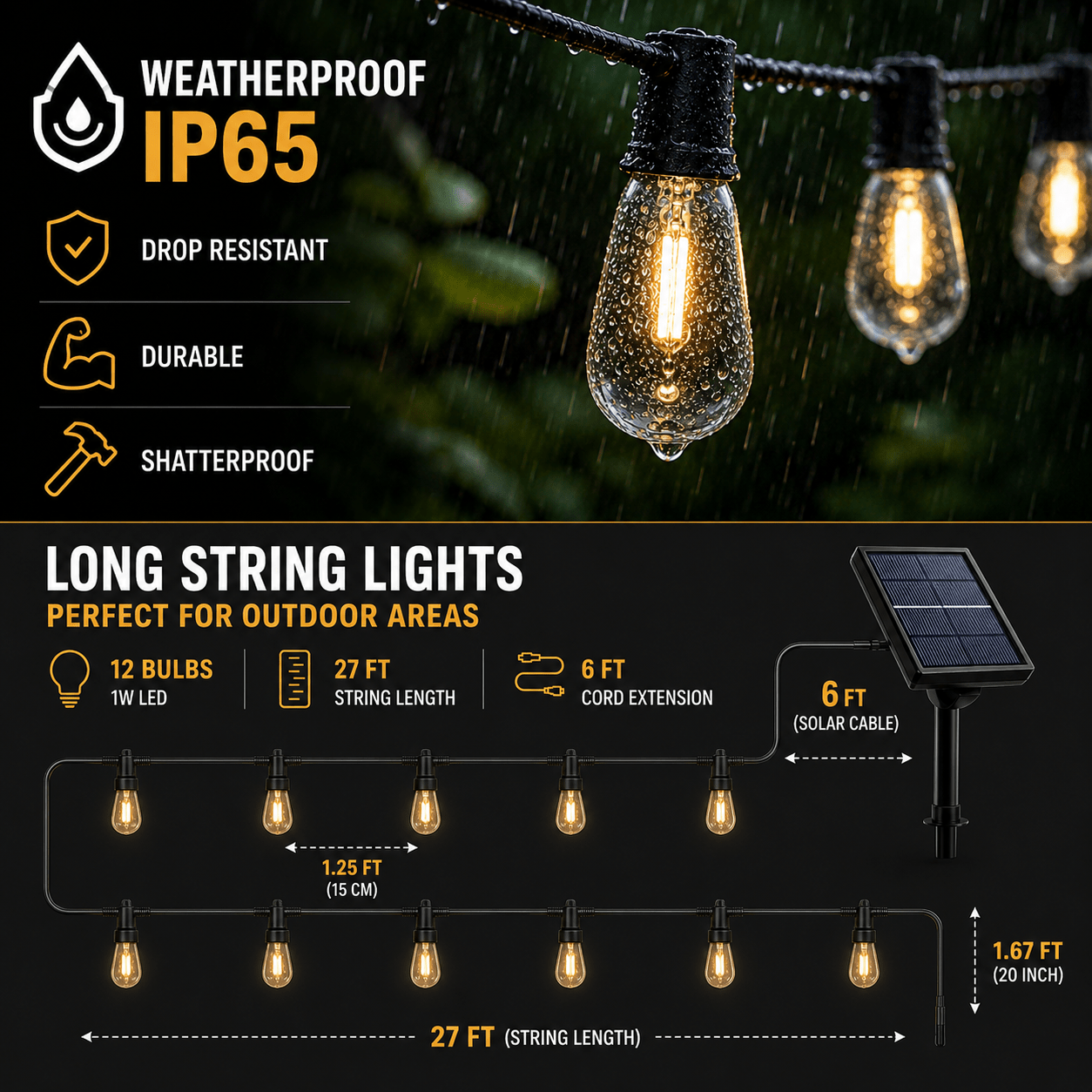 Solar Vintage String Lights 10m 40 LED — Outdoor IP65 6