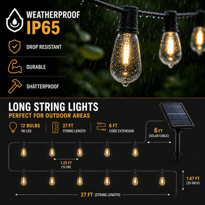 Solar Vintage String Lights 10m 40 LED — Outdoor IP65 6