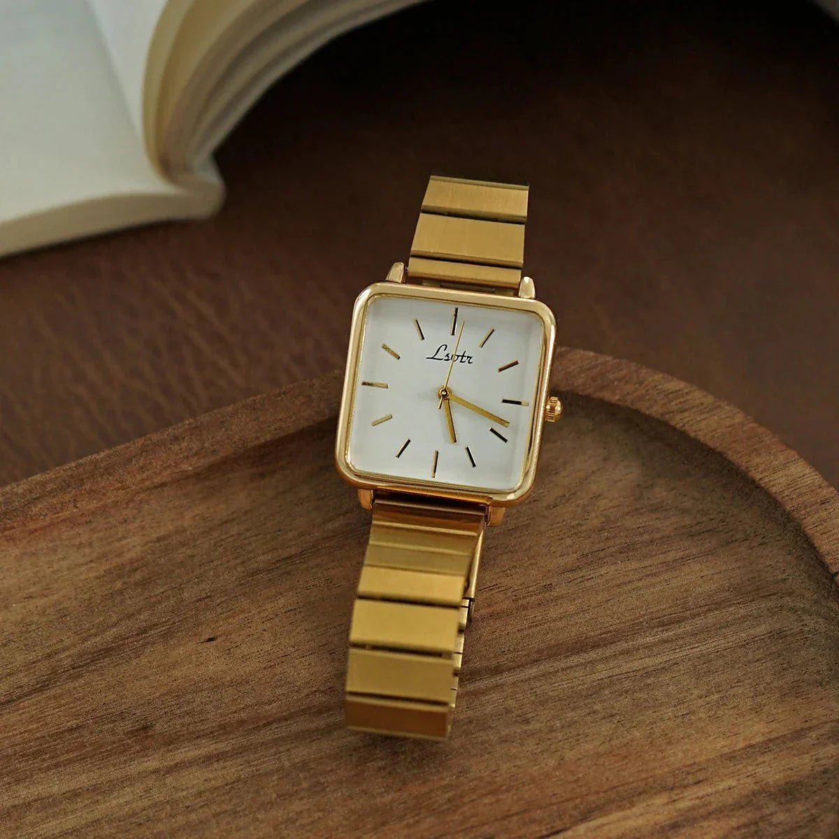 Square Quartz Watch — Gold Stainless Steel Band 1