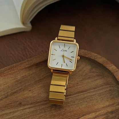 Square Quartz Watch — Gold Stainless Steel Band 1