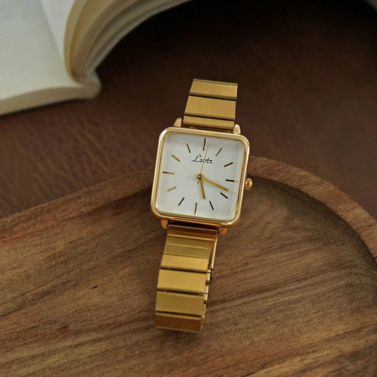 Square Quartz Watch — Gold Stainless Steel Band 1