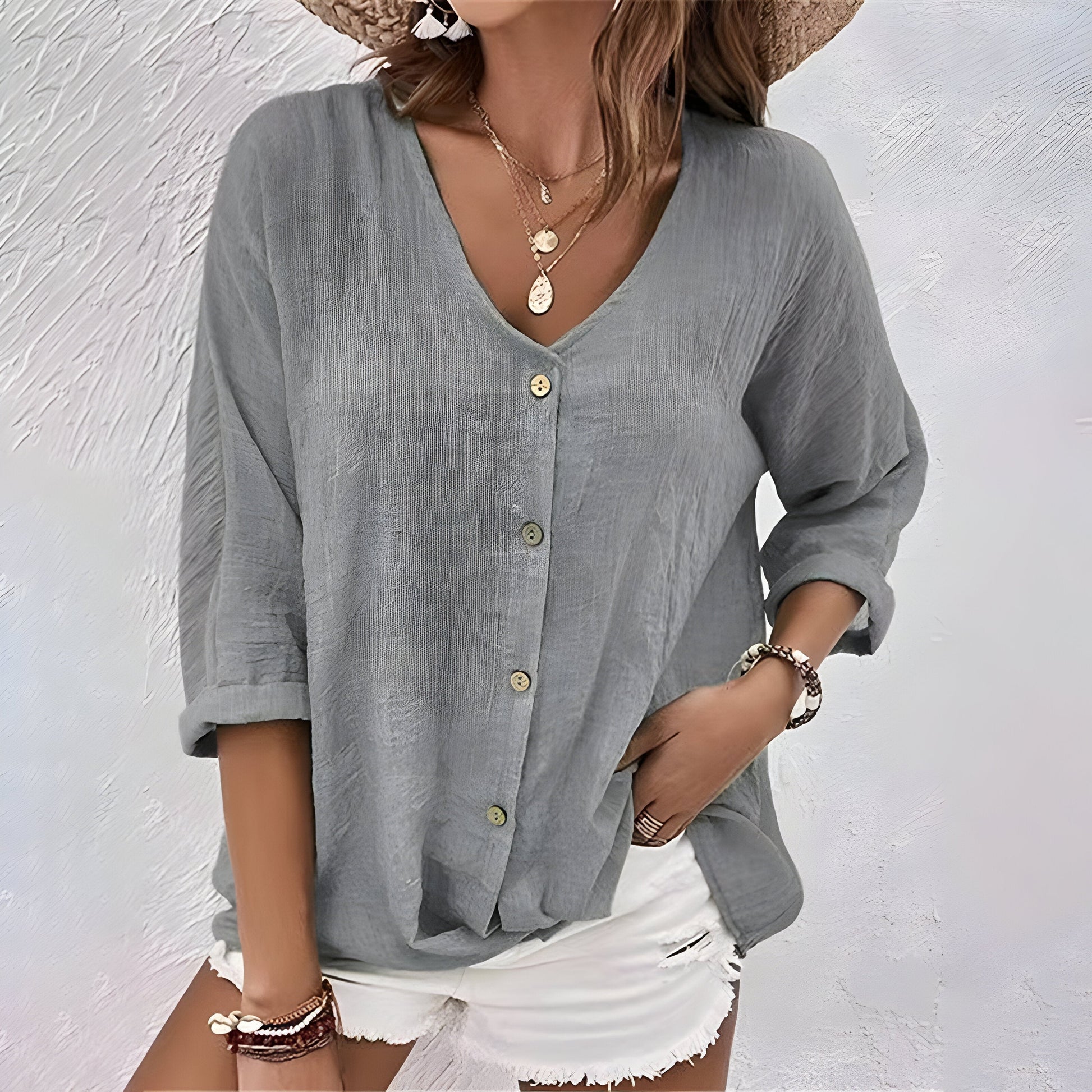 V-Neck Button Blouse with Roll-Up Sleeves 4