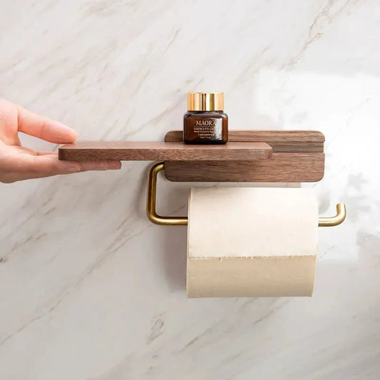 Walnut Wall Toilet Roll Holder with Built-In Shelf 1