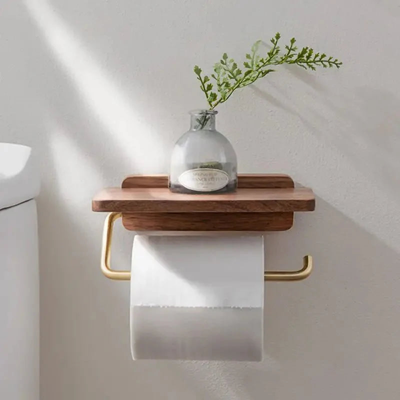 Walnut Wall Toilet Roll Holder with Built-In Shelf 2
