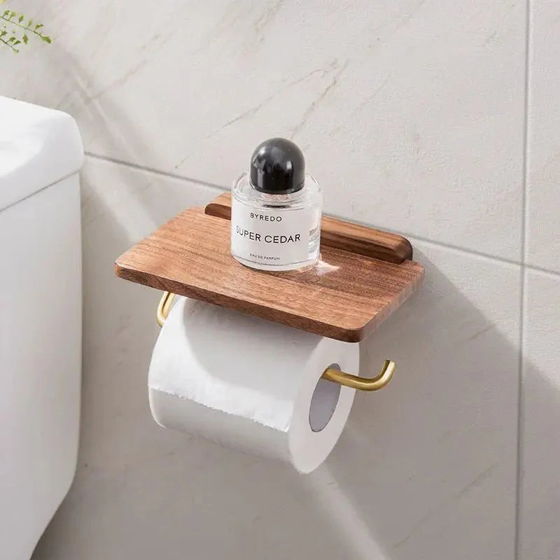 Walnut Wall Toilet Roll Holder with Built-In Shelf 3