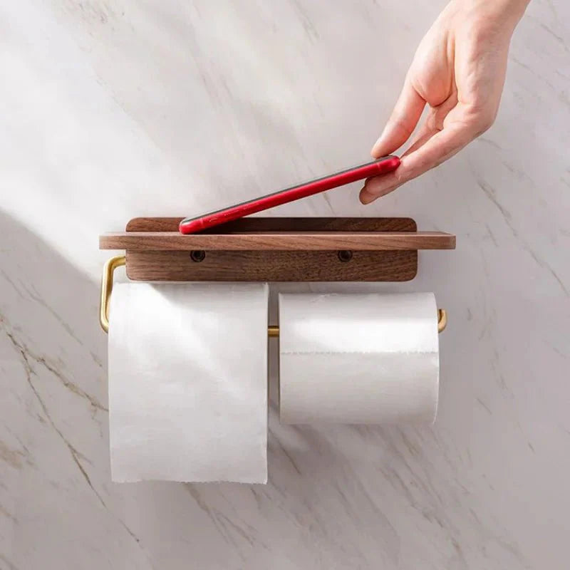 Walnut Wall Toilet Roll Holder with Built-In Shelf 5