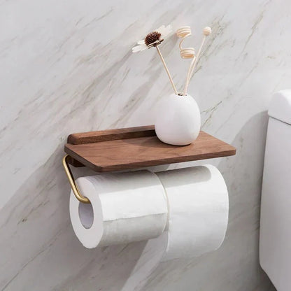 Walnut Wall Toilet Roll Holder with Built-In Shelf 6